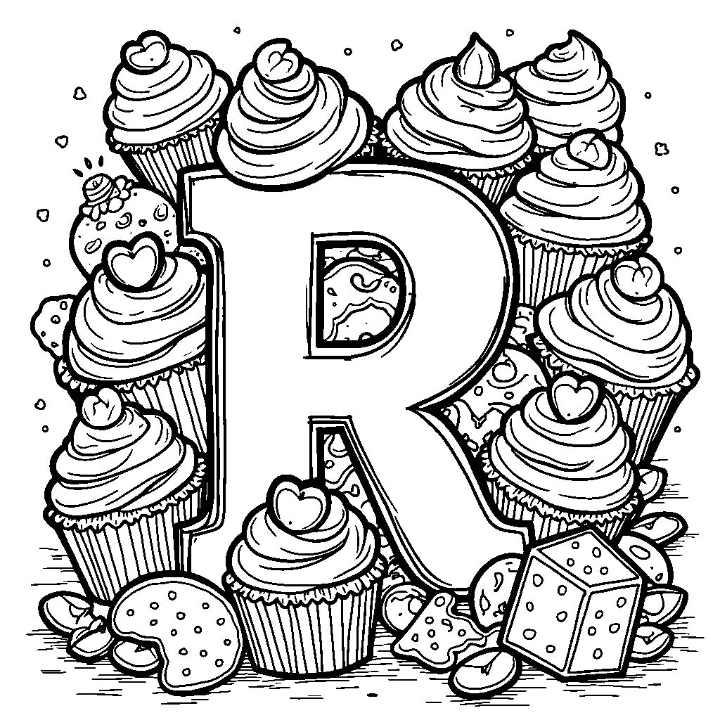 A letter R surrounded by sweet treats like cupcakes and cookies