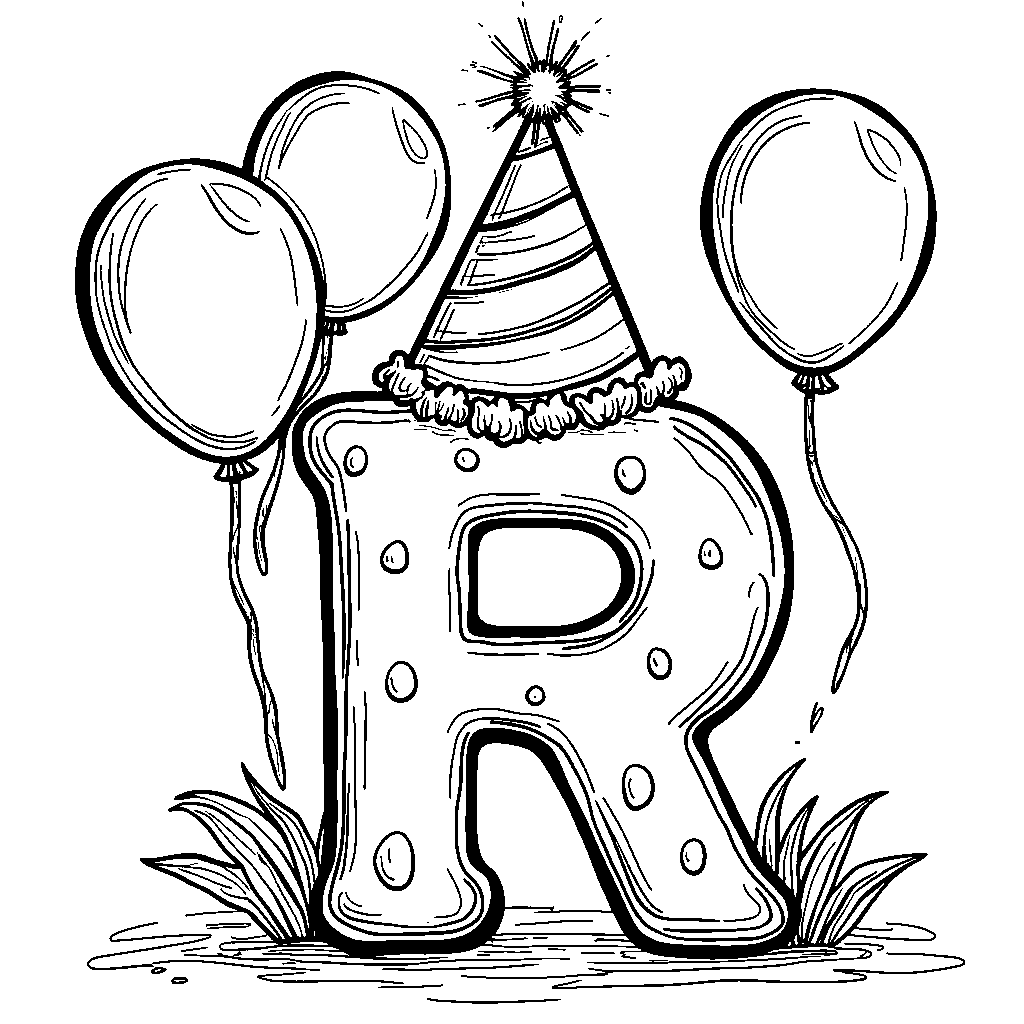 A letter R wearing a cute party hat with balloons around it.