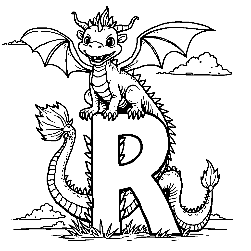 A letter R with a friendly dragon perched on top