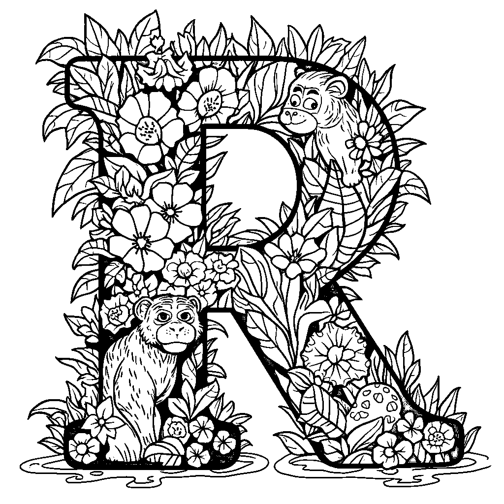 A letter R with a jungle theme, full of wild animals.