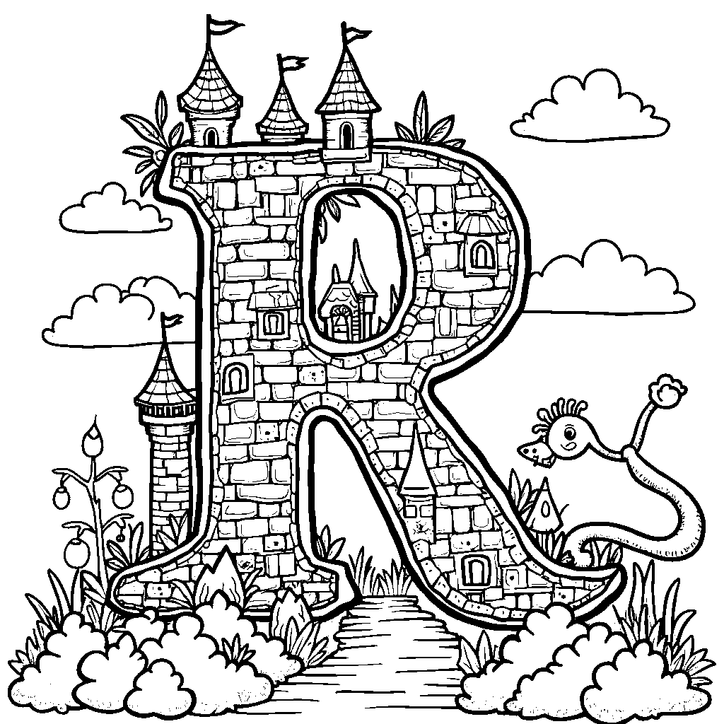 A letter R with a magical castle built on top.