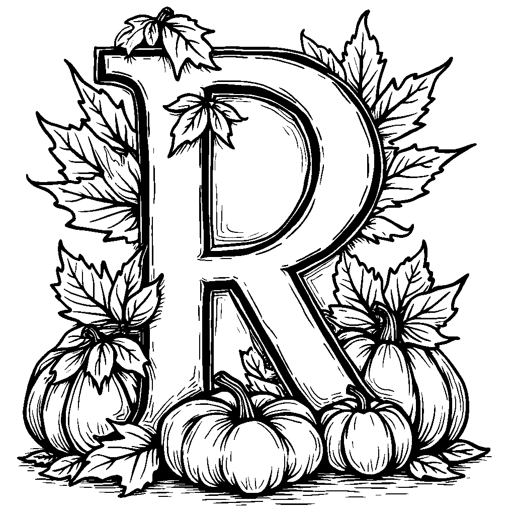 A letter R with autumn leaves and pumpkins around it