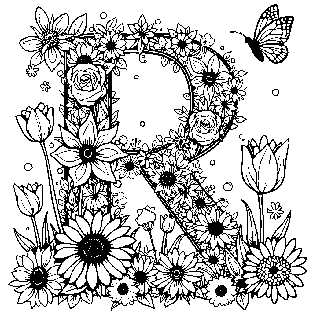 Letter R surrounded by a garden of blooming flowers