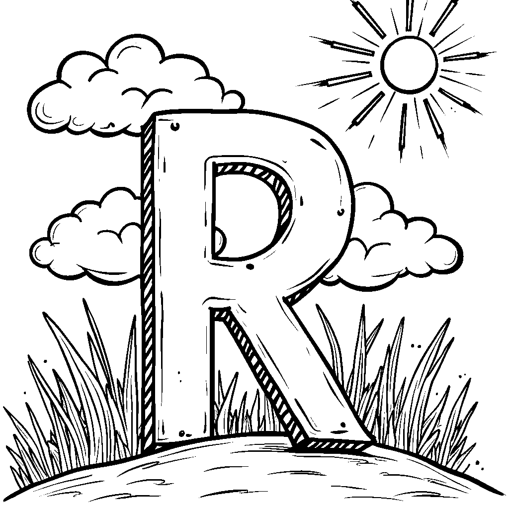 A letter R surrounded by whimsical clouds and sunshine.