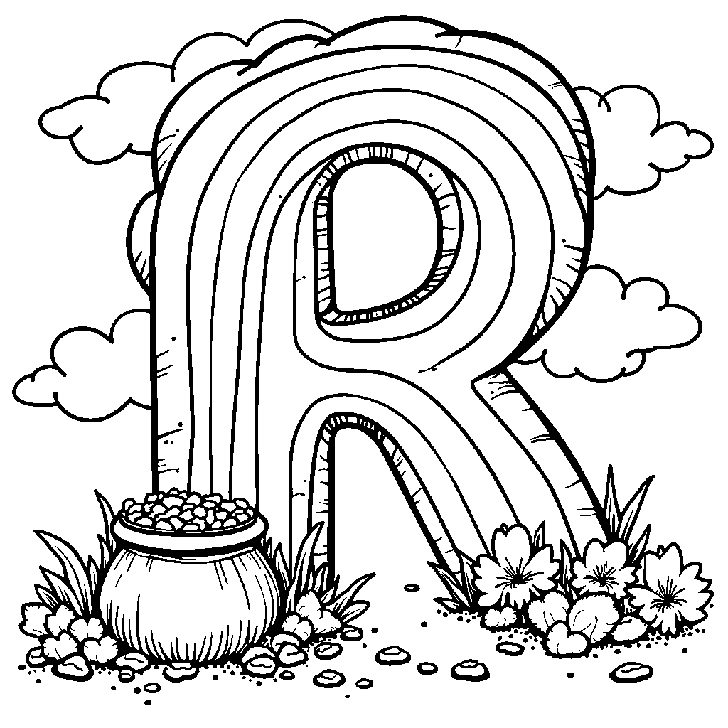 A rainbow-colored letter R with a pot of gold at the end.