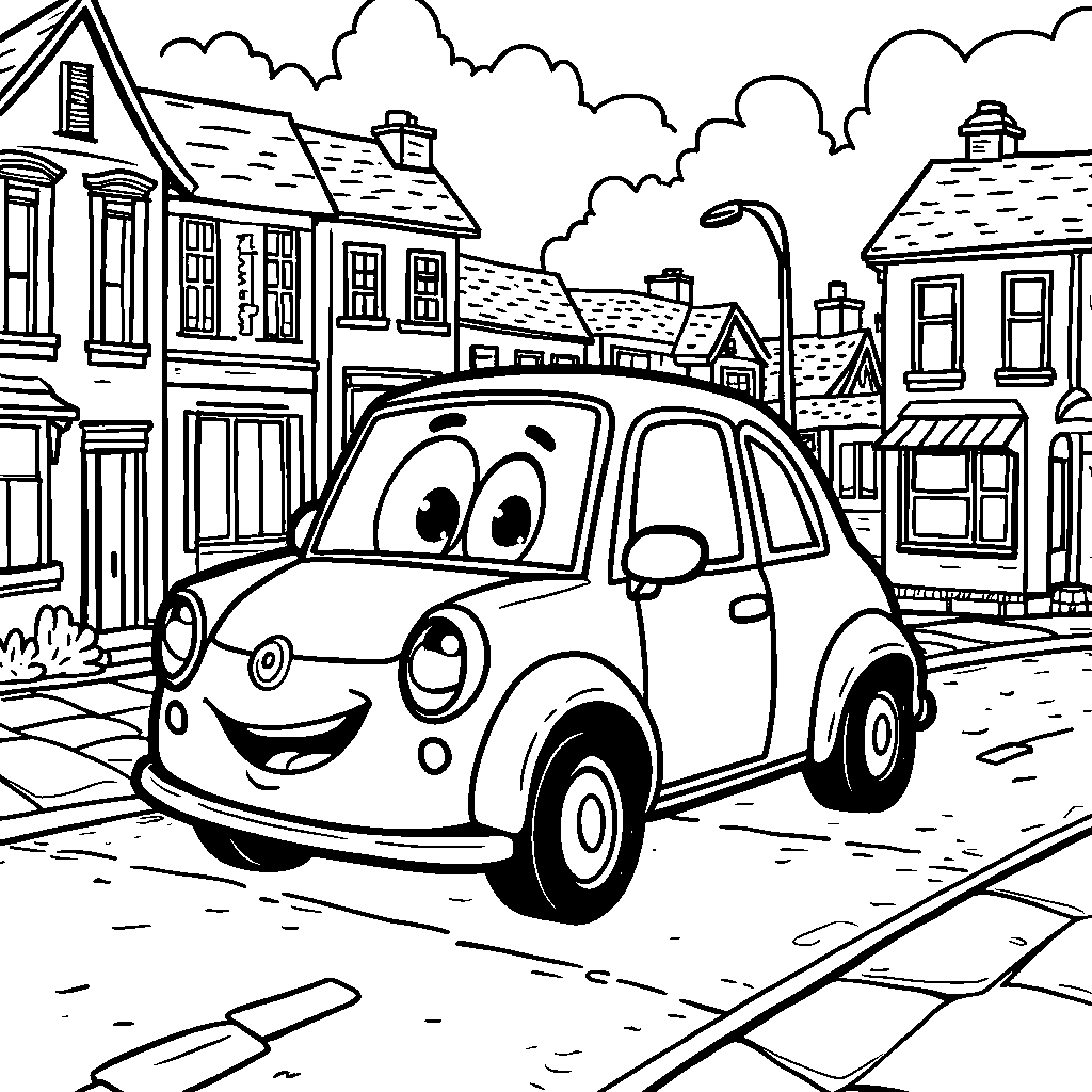 A cartoon car shaped like the letter S driving down the street