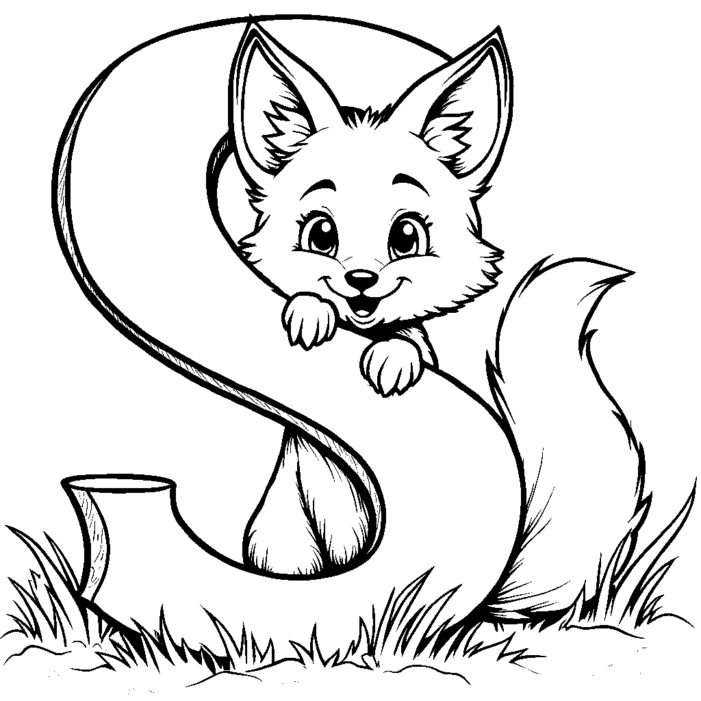 A friendly fox peeking from behind the letter S