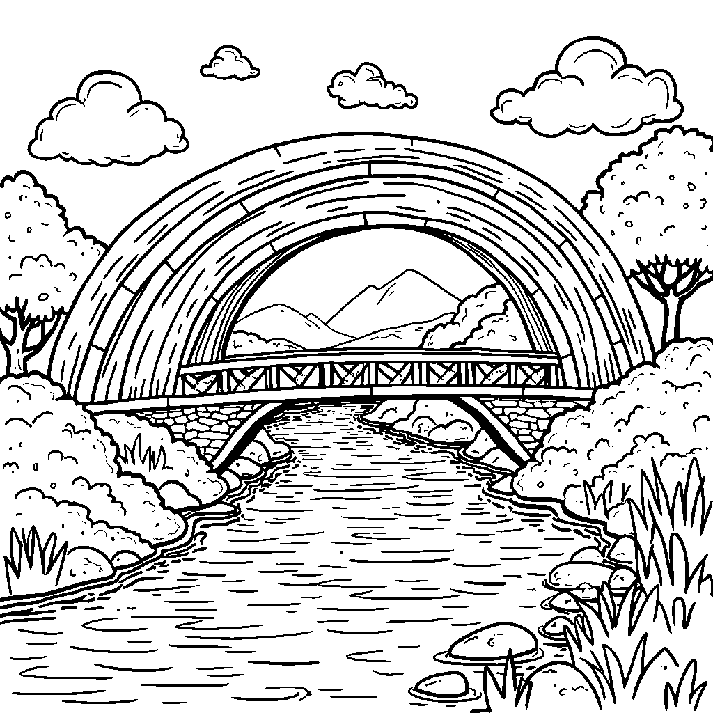 A letter S-shaped rainbow bridge over a happy river