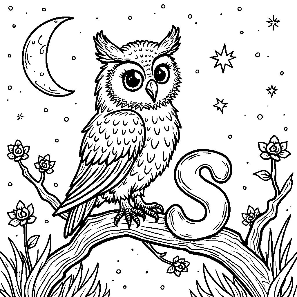 A magical owl perched on the letter S at night