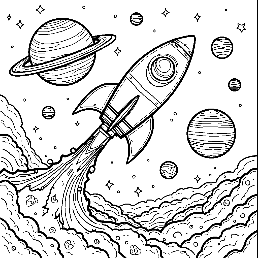 A space scene with planets and a letter S-shaped rocket