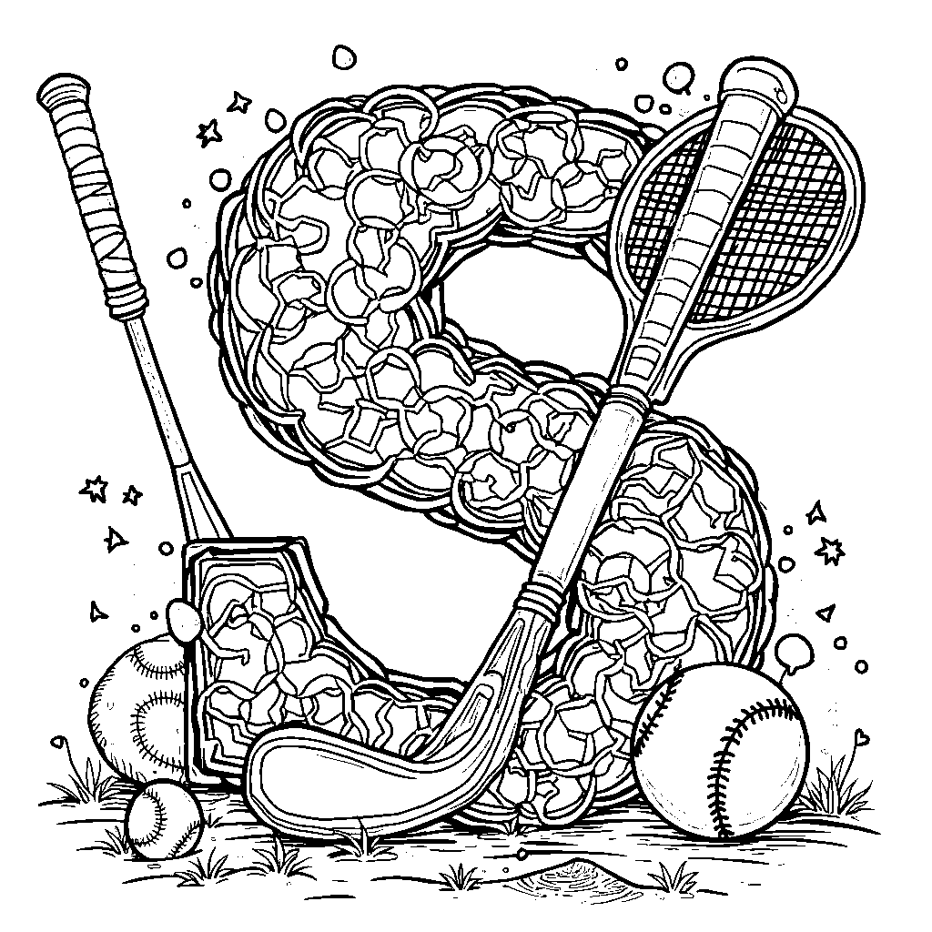 A sports scene with the letter S made up of different sports equipment