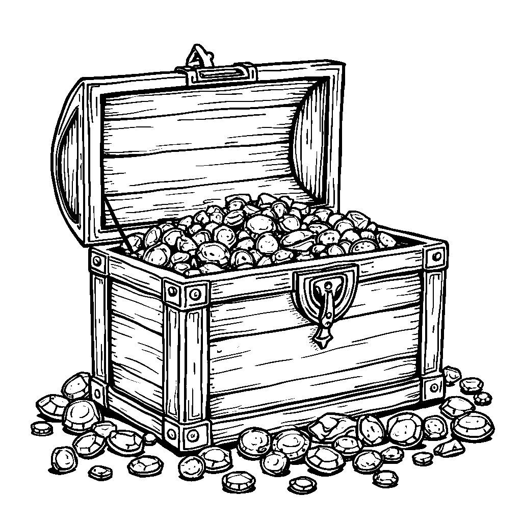 A treasure chest in the shape of the letter S filled with jewels.