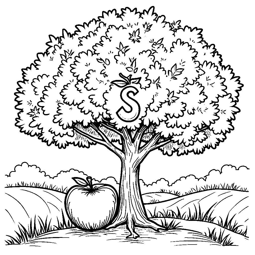 An apple tree with the letter S carved into one of its apples.