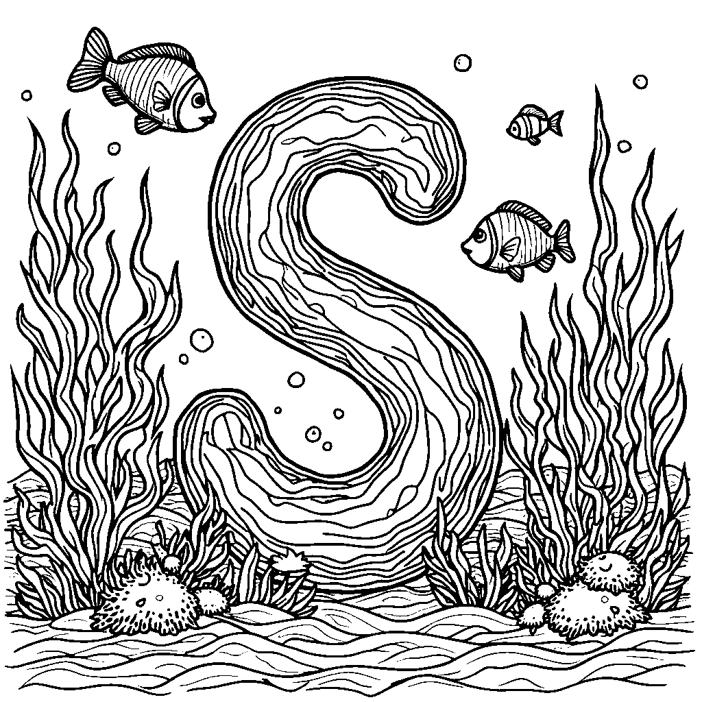 An aquarium scene with the letter S as a coral reef