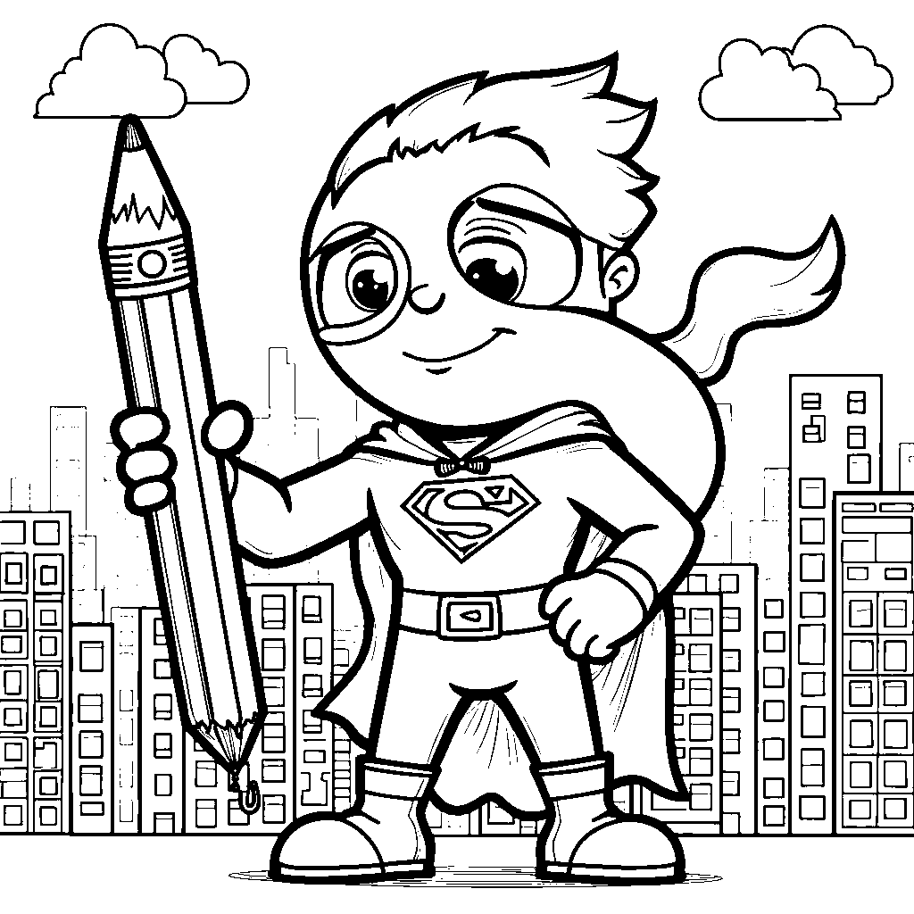 A superhero letter S holding a giant pencil