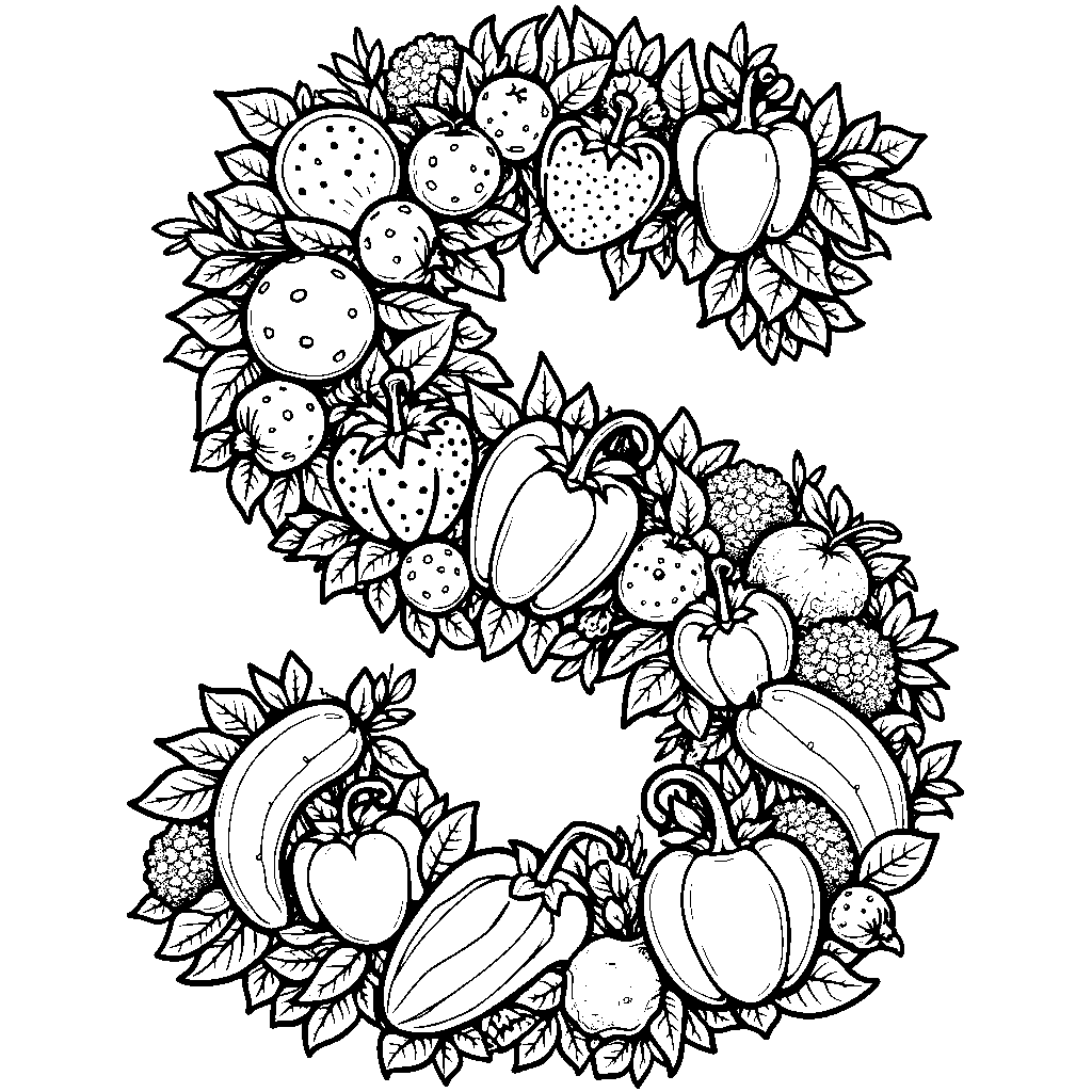 The letter S decorated with a variety of fruits and vegetables