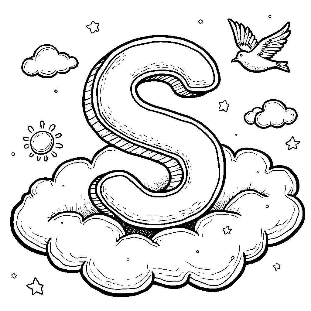 The letter S floating on a fluffy cloud in a happy blue sky