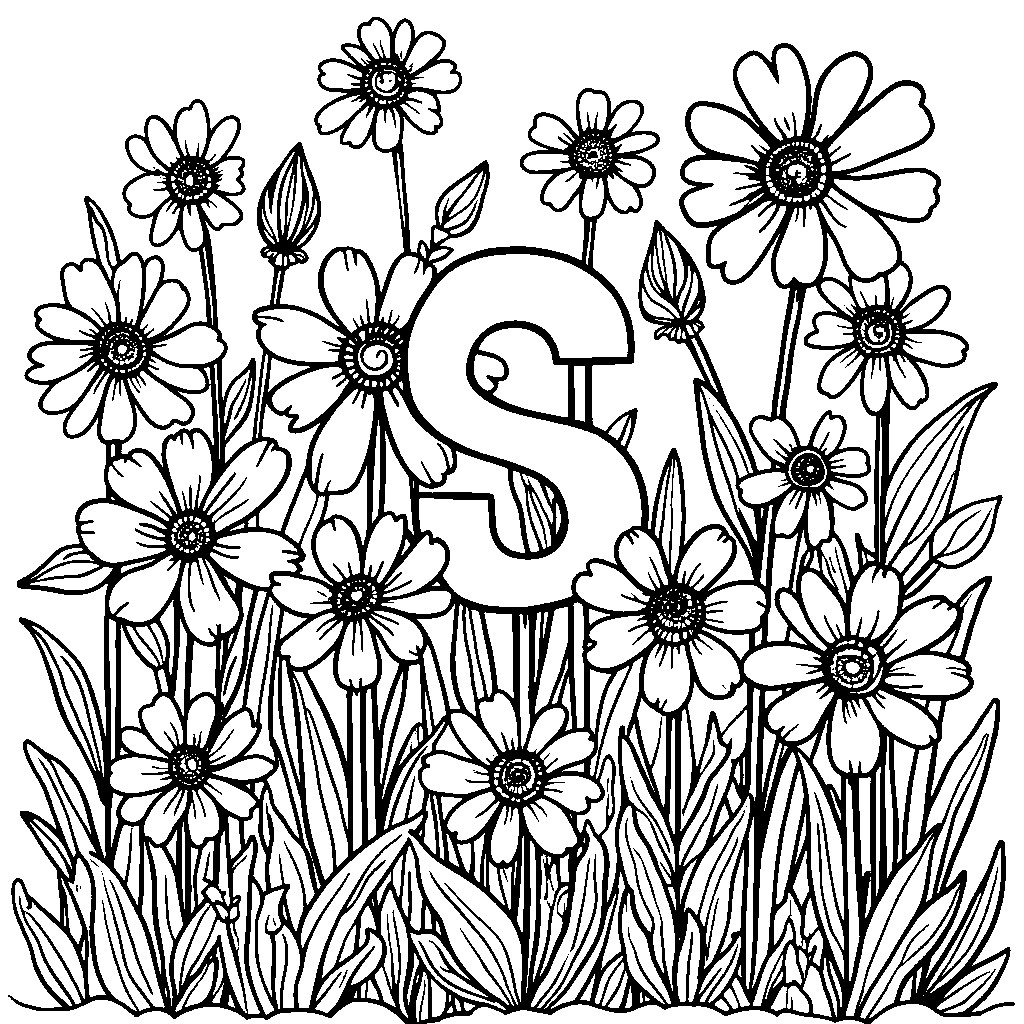 The letter S surrounded by a garden of sunny flowers.