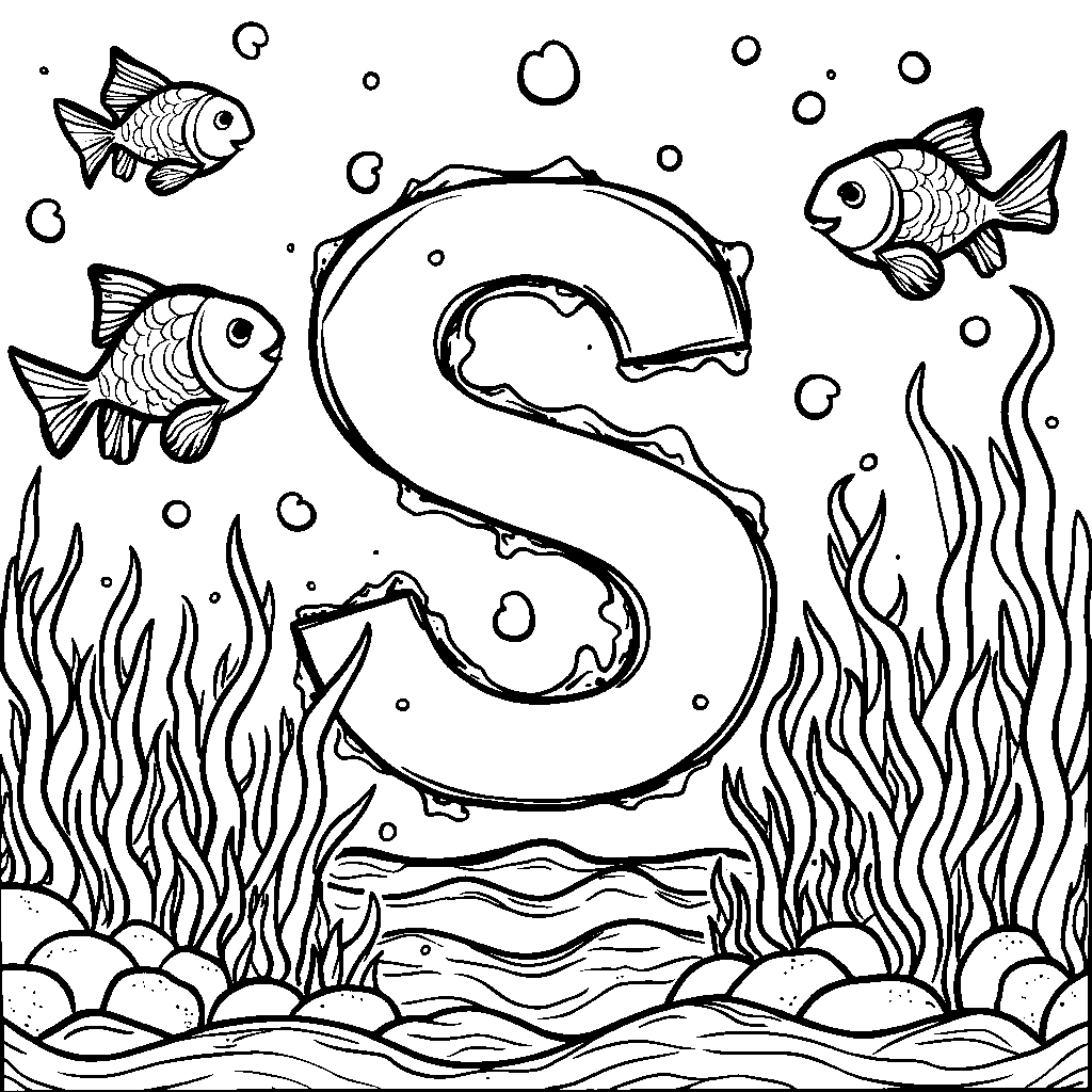 The letter S swimming in a pool of colorful fish.