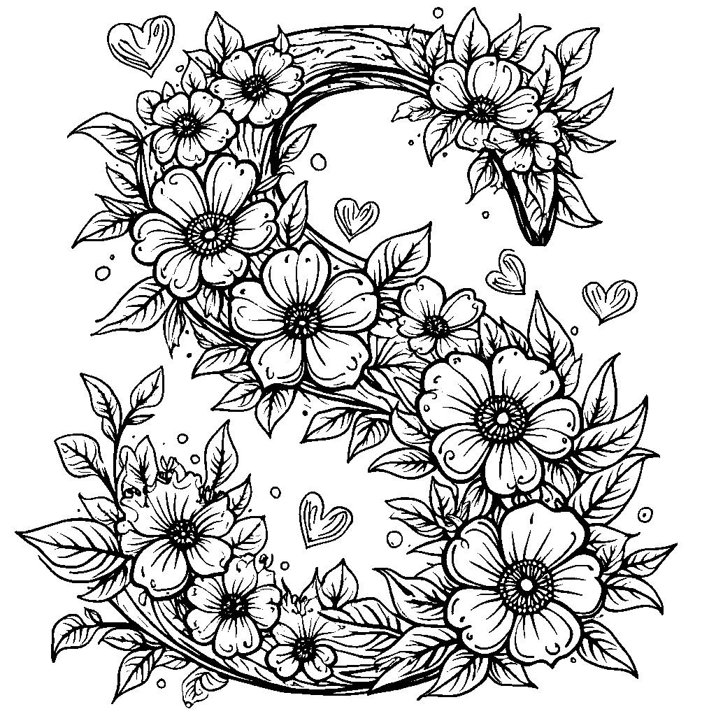 The letter S twining with flowers and hearts