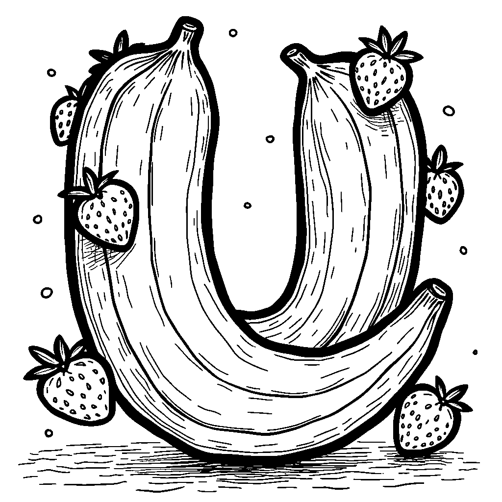 A letter U made of yummy fruits, like bananas and strawberries, inviting kids to color them in