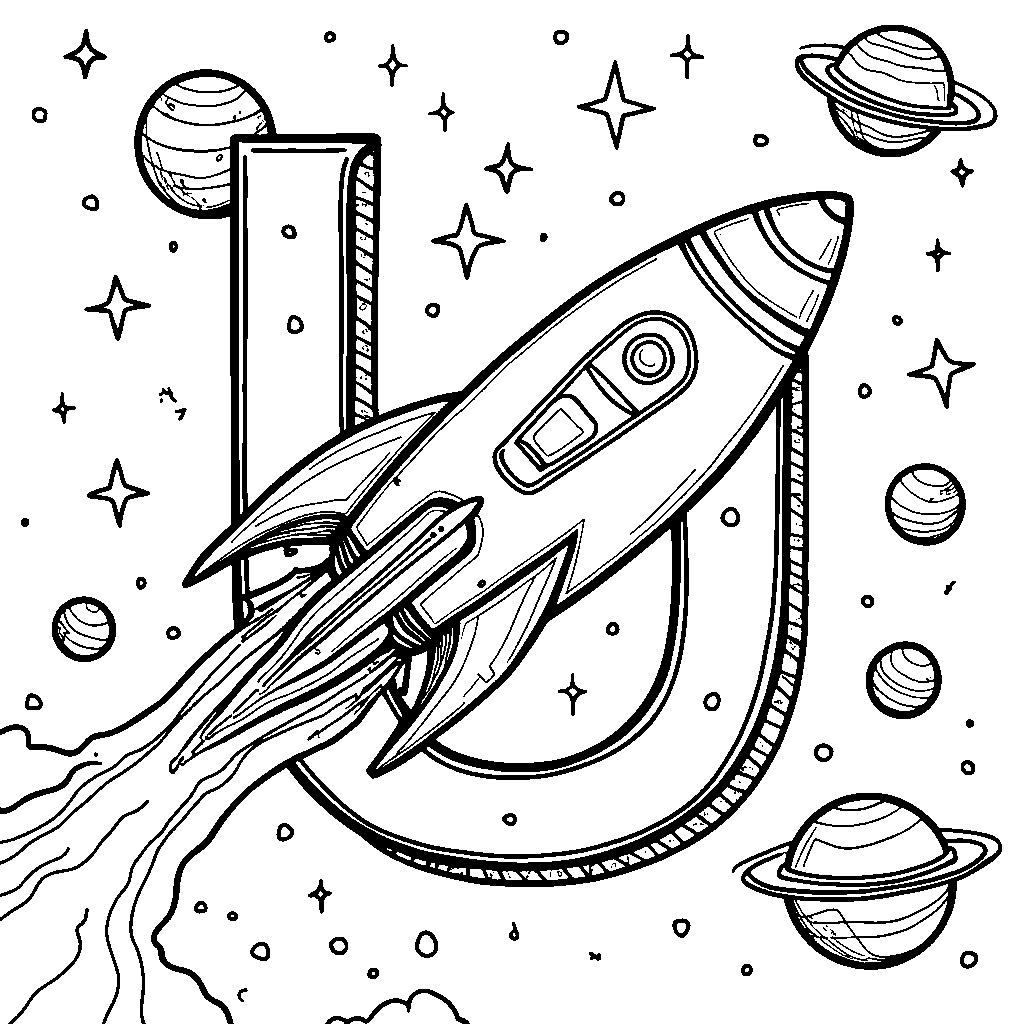 The letter U as a classic spaceship flying through outer space