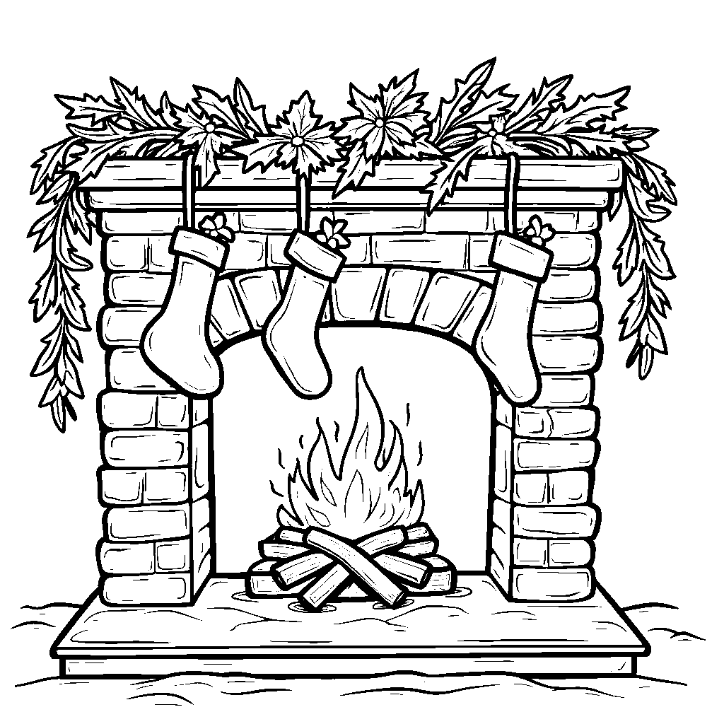 The letter U as a cozy fireplace scene with stockings hanging