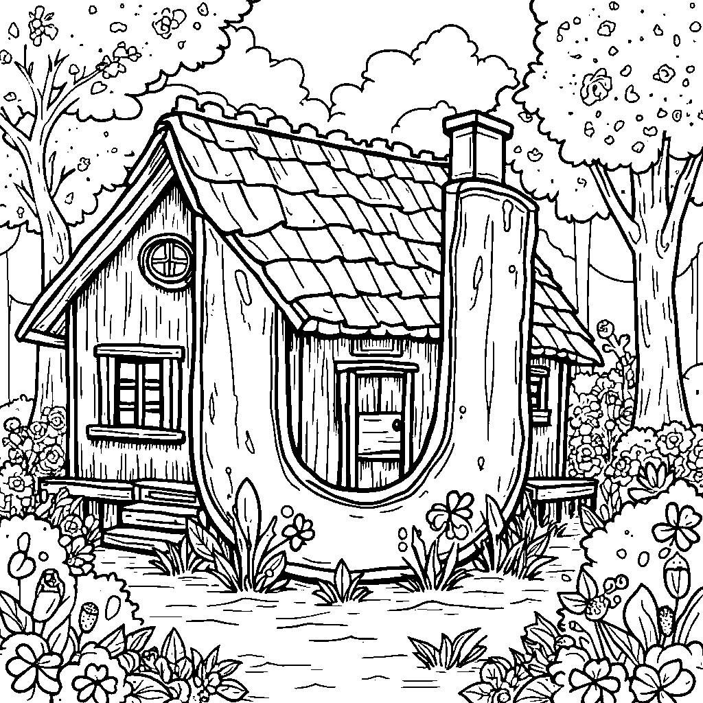 The letter U as a cozy, little cottage in a vibrant forest scene