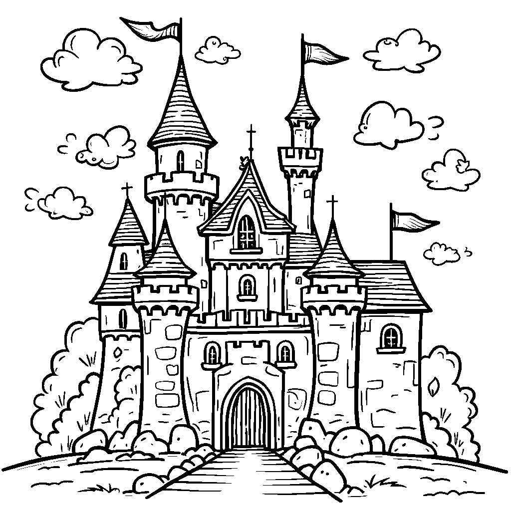 The letter U as part of a fantastical castle with towers and flags