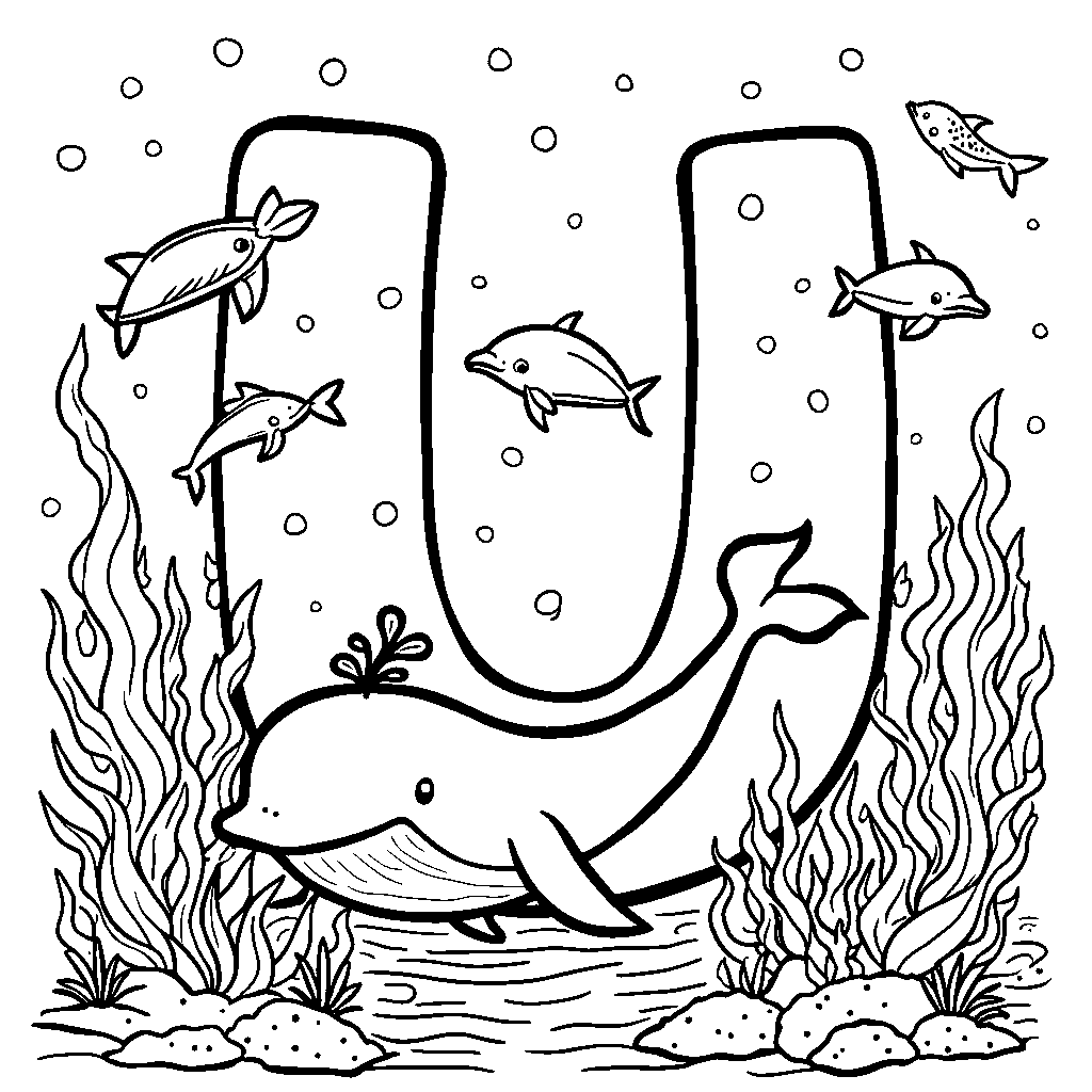 The letter U as the body of a cheerful friendly whale swimming in the ocean