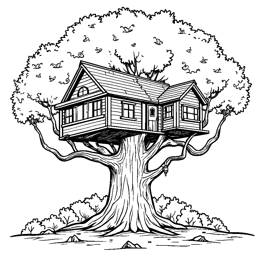 The letter U depicted as a giant treehouse built in a tall tree