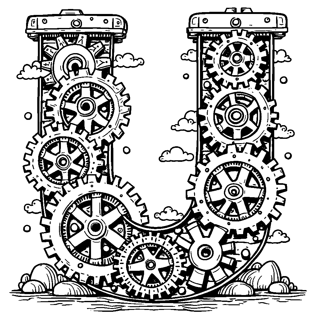 The letter U designed with gears and cogs, like a fun factory