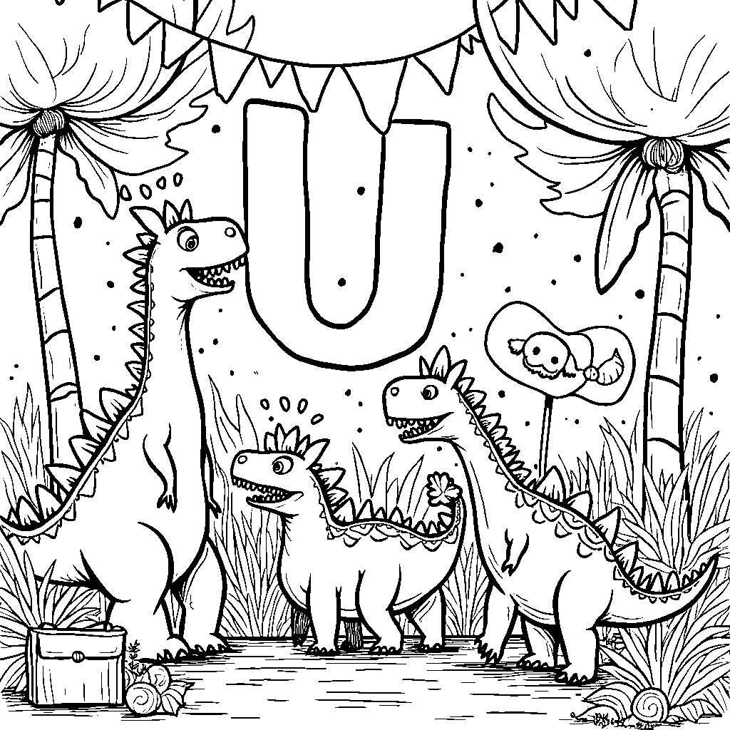 The letter U filled with dinosaurs having a party