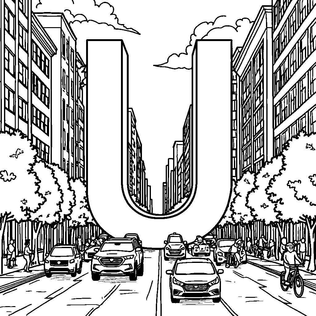 The letter U in the middle of a busy city street, filled with cars and people