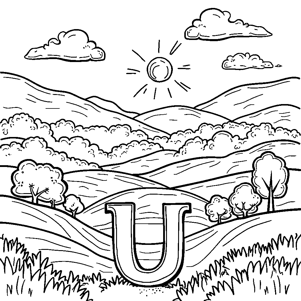 The letter U inside a bright, sunny landscape with hills and trees