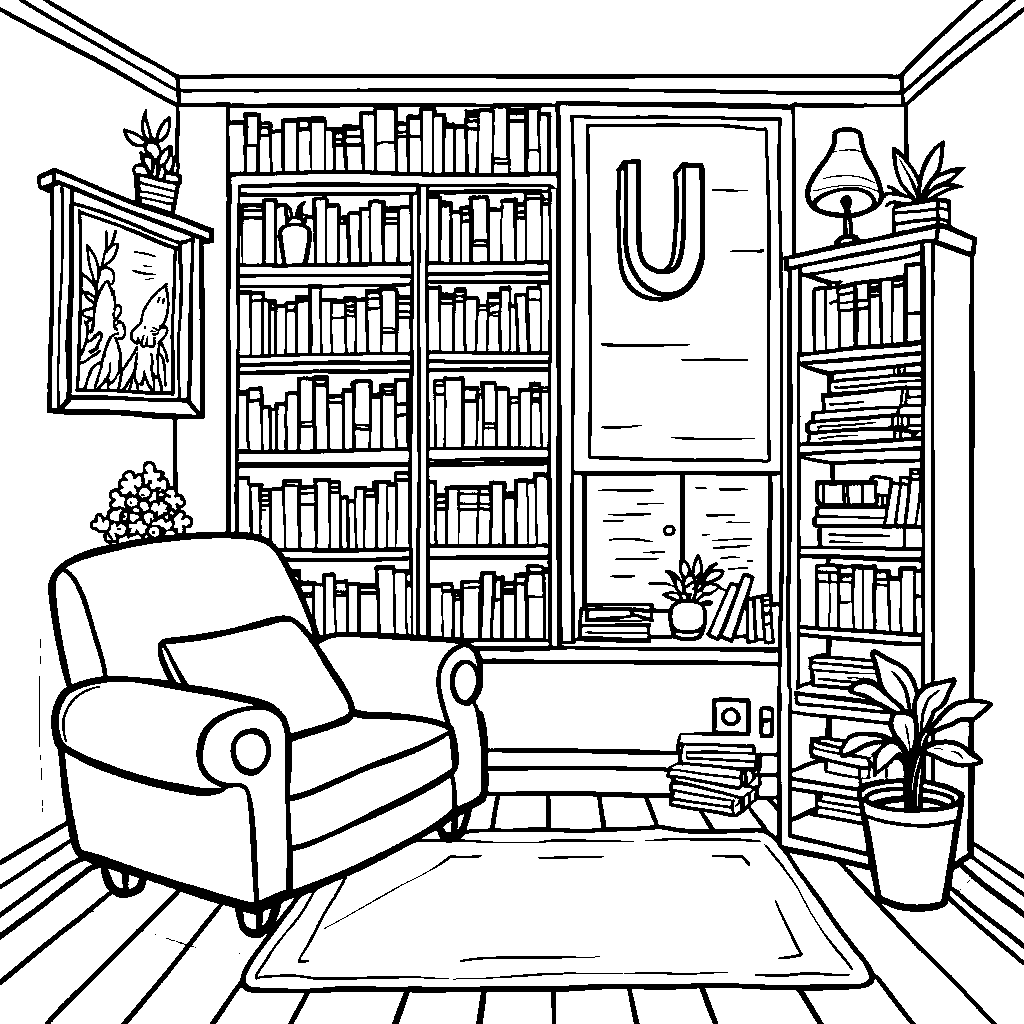 The letter U inside a cozy room with a bookshelf and a reading nook