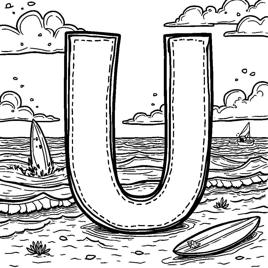 The letter U shown as part of a fun surfing beach scene