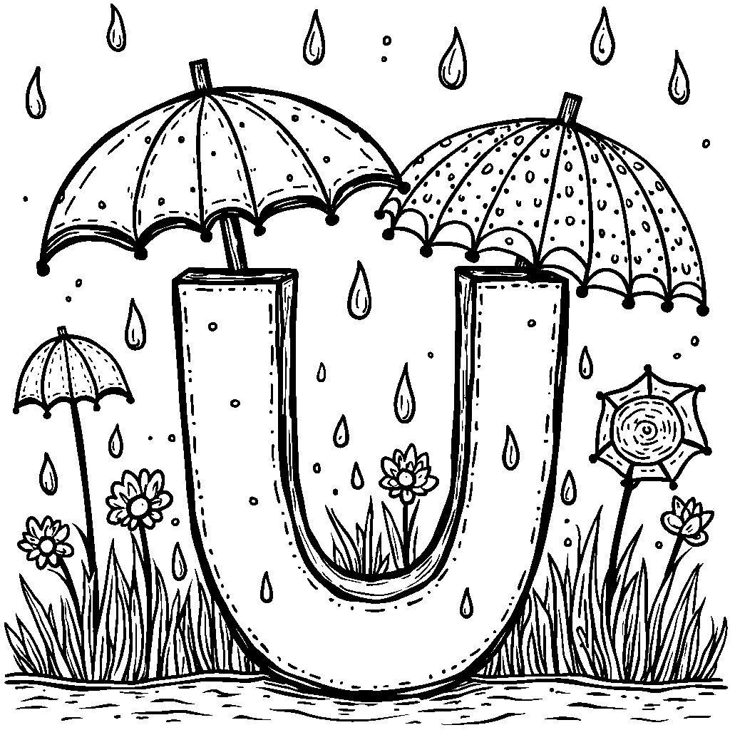 The letter U surrounded by raindrops and colorful umbrellas