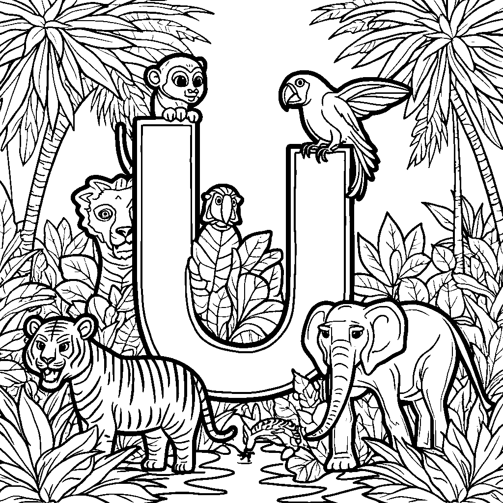 The letter U surrounded by various animals in a jungle setting