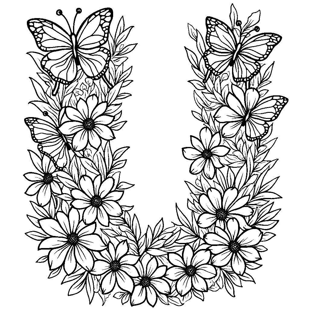 A whimsical letter U decorated with flowers and butterflies