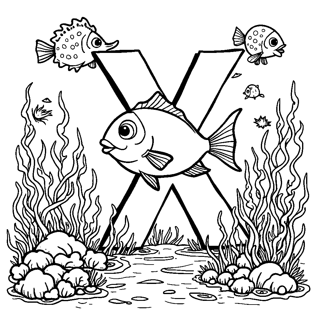 An underwater scene featuring the letter X as a fish