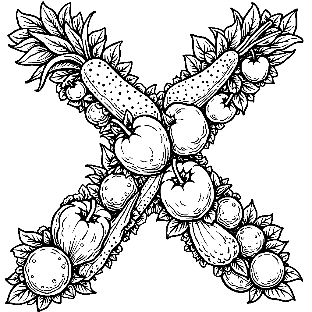 An X formed with various fruits and vegetables