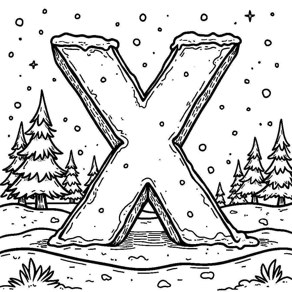 An X in a snowy landscape with snowflakes