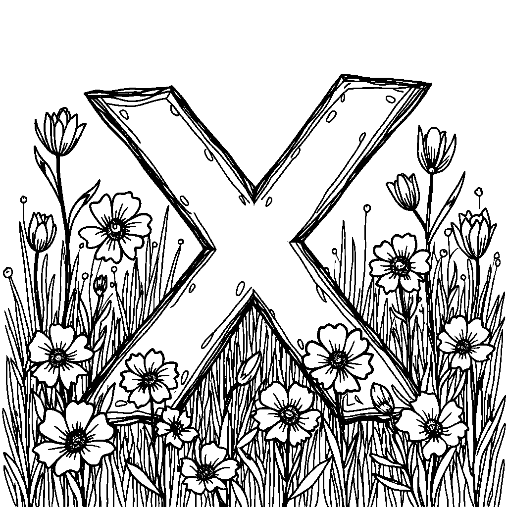 An X in the middle of a field of flowers