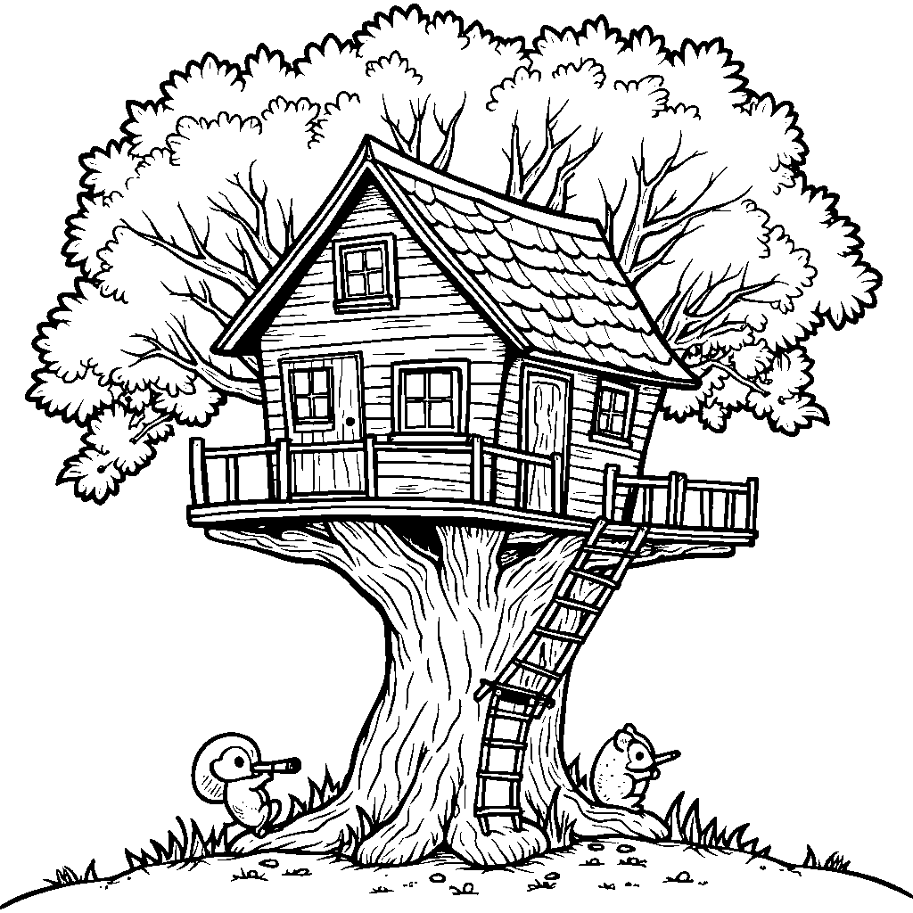 An X-shaped treehouse in a big tree