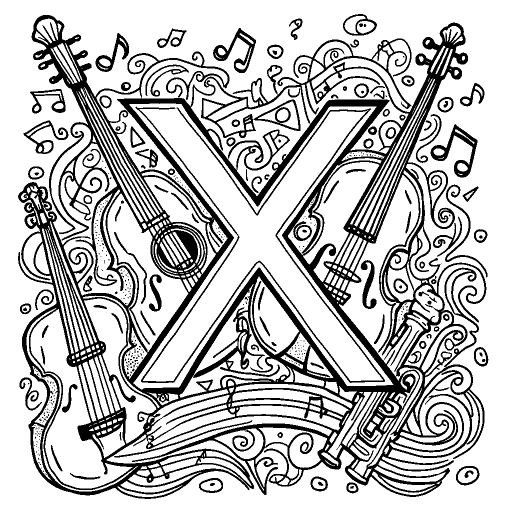 An X surrounded by musical notes and instruments