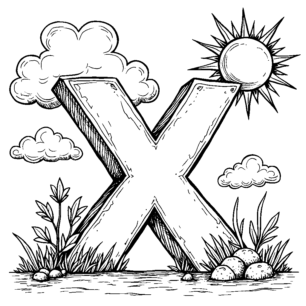 An X with a bright sun and fluffy clouds