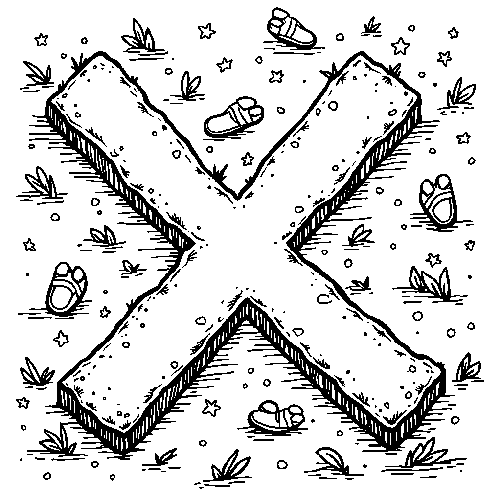 An X with footprints leading up to it