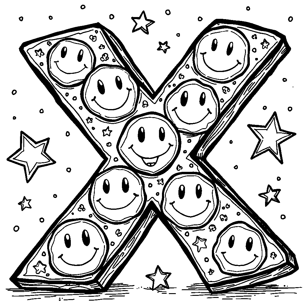 An X with smiley faces and stars around it