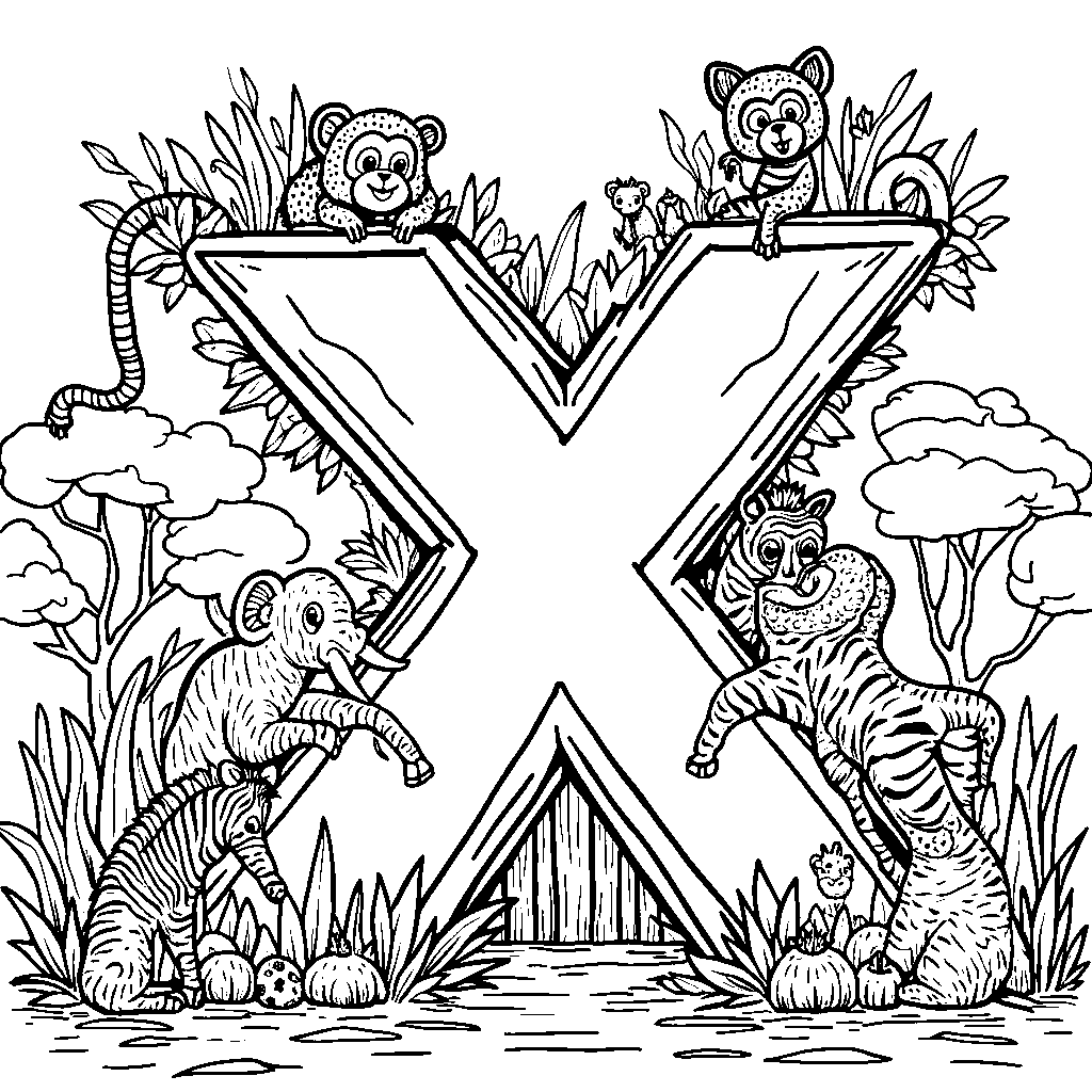 The letter X at a zoo with animals nearby